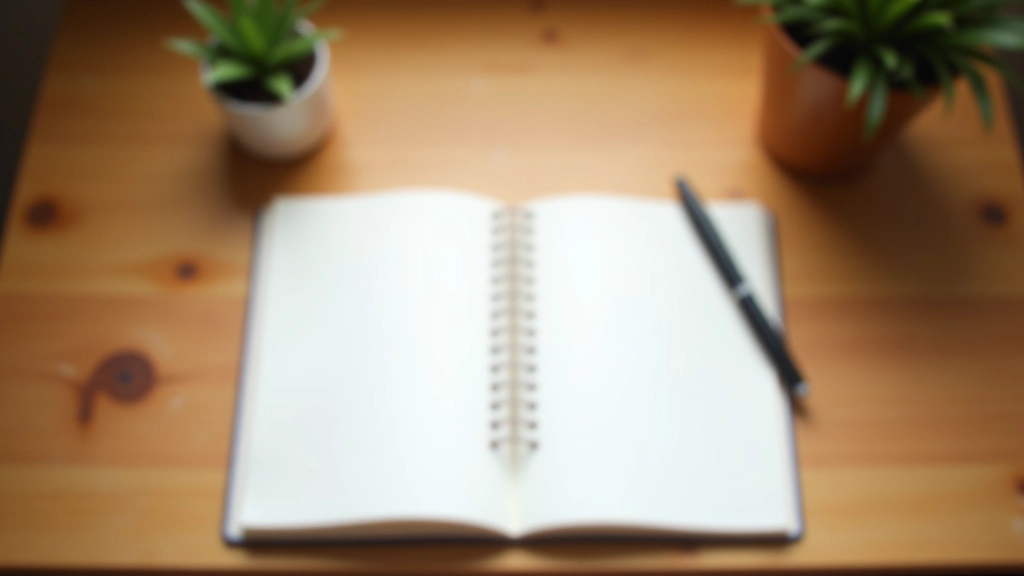 Notebook aperto con penna su una scrivania ordinata, con piante verdi in sottofondo