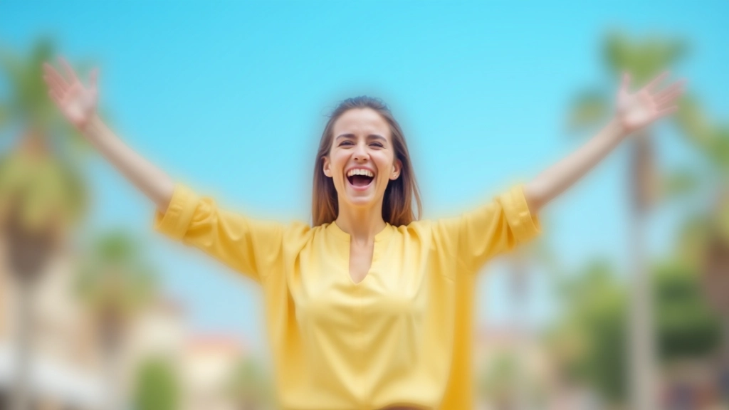 Persona che salta di gioia in una piazza soleggiata con braccia aperte verso il cielo