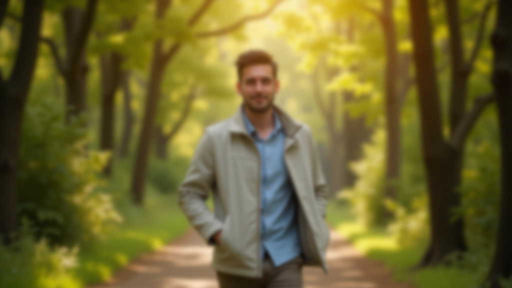 Persona che cammina lungo un sentiero naturale con luce solare che filtra tra gli alberi