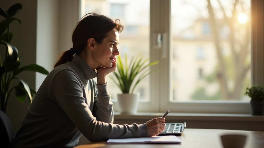 Persona seduta a una scrivania che guarda fuori dalla finestra in una mattina soleggiata, riflettendo