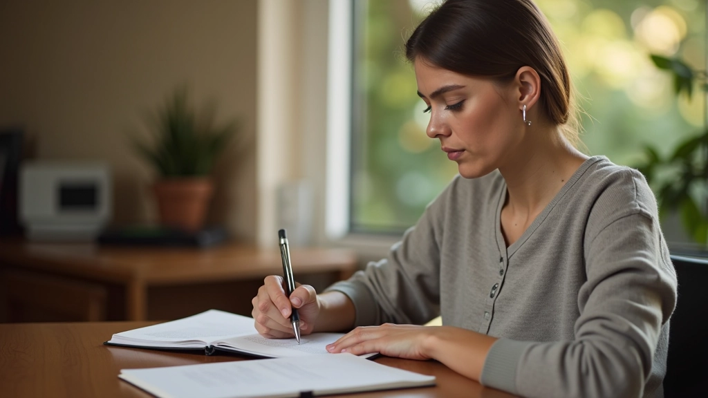 Persona che scrive in un diario con una penna, seduta a un tavolo di legno naturale in una stanza luminosa con luce naturale dal mattino