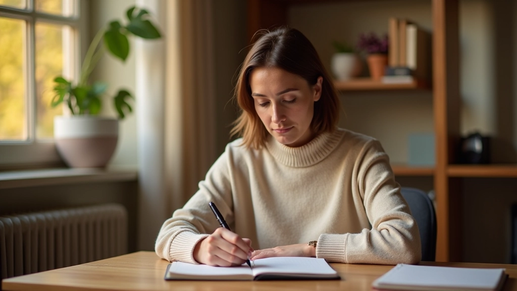 Persona che scrive in un quaderno con una tazza di caffè accanto, luce naturale da finestra