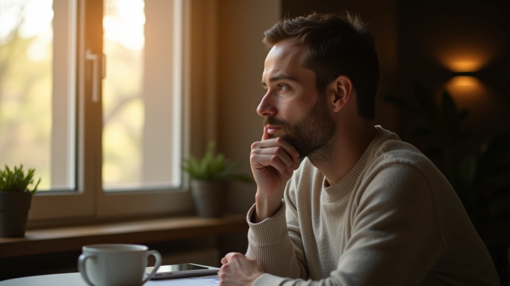 Persona seduta a un tavolo con una tazza di tè, che guarda fuori dalla finestra in una mattina serena
