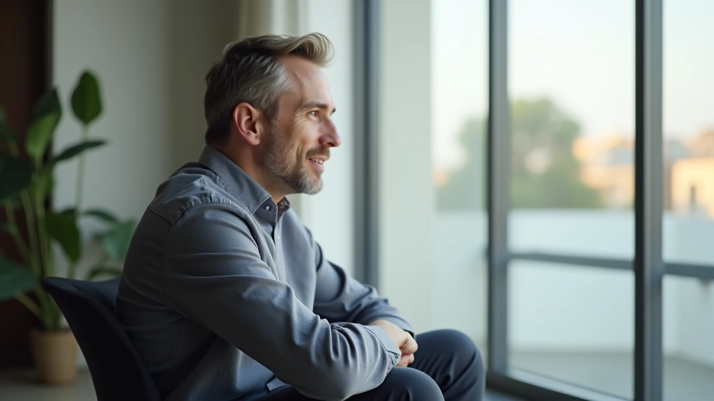 Persona che guarda l'orizzonte da una finestra moderna con luce naturale, spazio sereno e minimalista