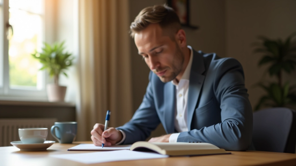 Persona che scrive in un quaderno aperto su una scrivania in legno con una tazza di caffè accanto