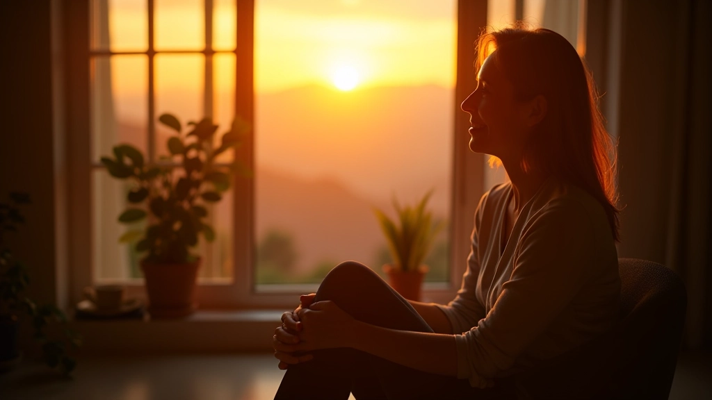 Persona che osserva il tramonto da una finestra, seduta su una poltrona confortevole in una stanza tranquilla