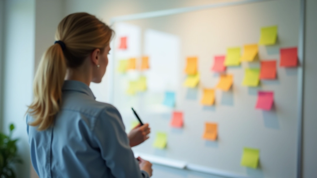 Persona che guarda una lavagna piena di appunti colorati e disegni, riflettendo sui propri valori e obiettivi personali