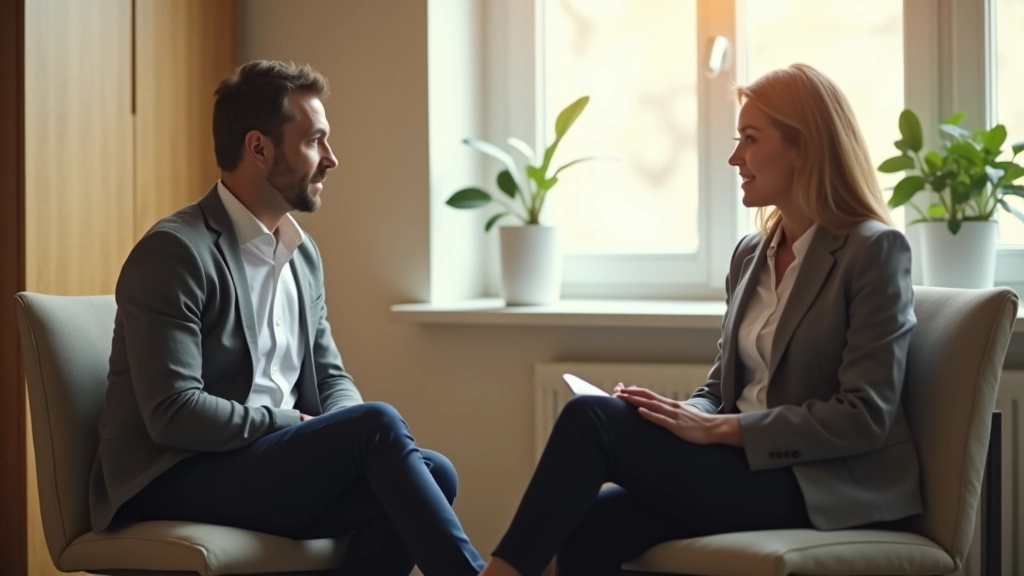 Due persone sedute in un ambiente luminoso, in una conversazione tranquilla e consapevole