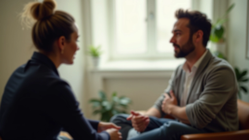 Due persone in conversazione profonda e consapevole, sedute comodamente in uno spazio tranquillo con luce naturale diffusa