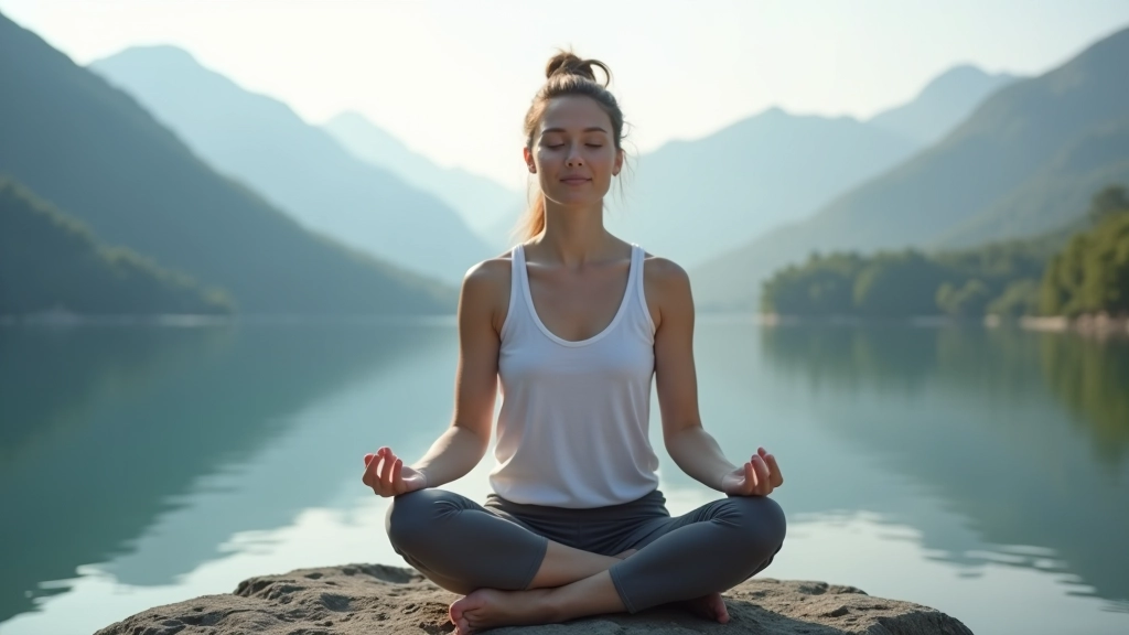 Donna che medita seduta su una roccia di fronte a un lago con montagne sullo sfondo