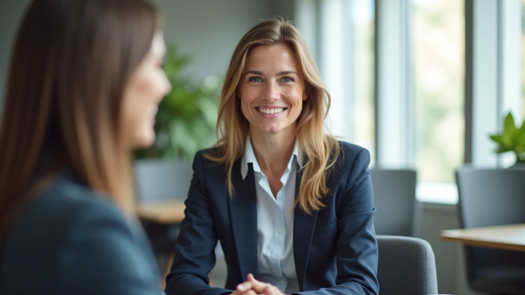 Uomo e donna che discutono in un ufficio moderno con pareti bianche e finestre grandi